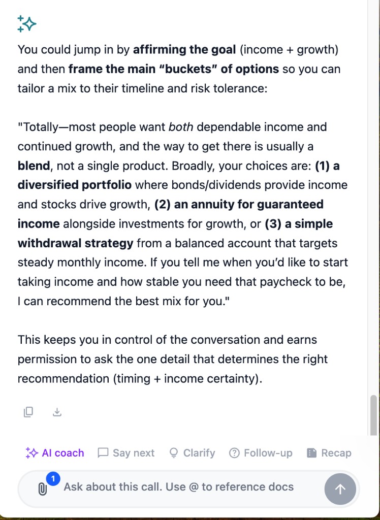 OLVA drafting a private objection prompt during a live sales conversation