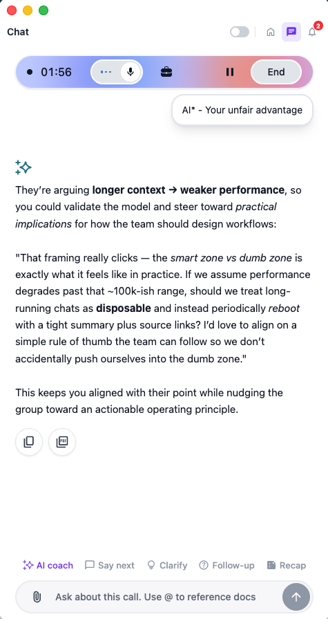 OLVA providing a private suggested response during a live meeting