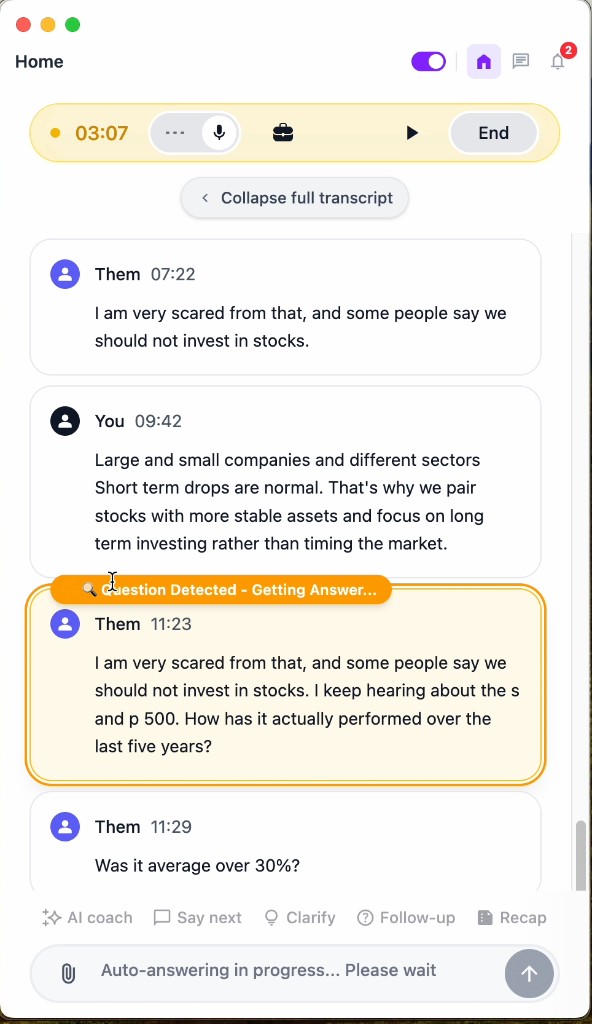 OLVA detecting a question automatically during a live conversation