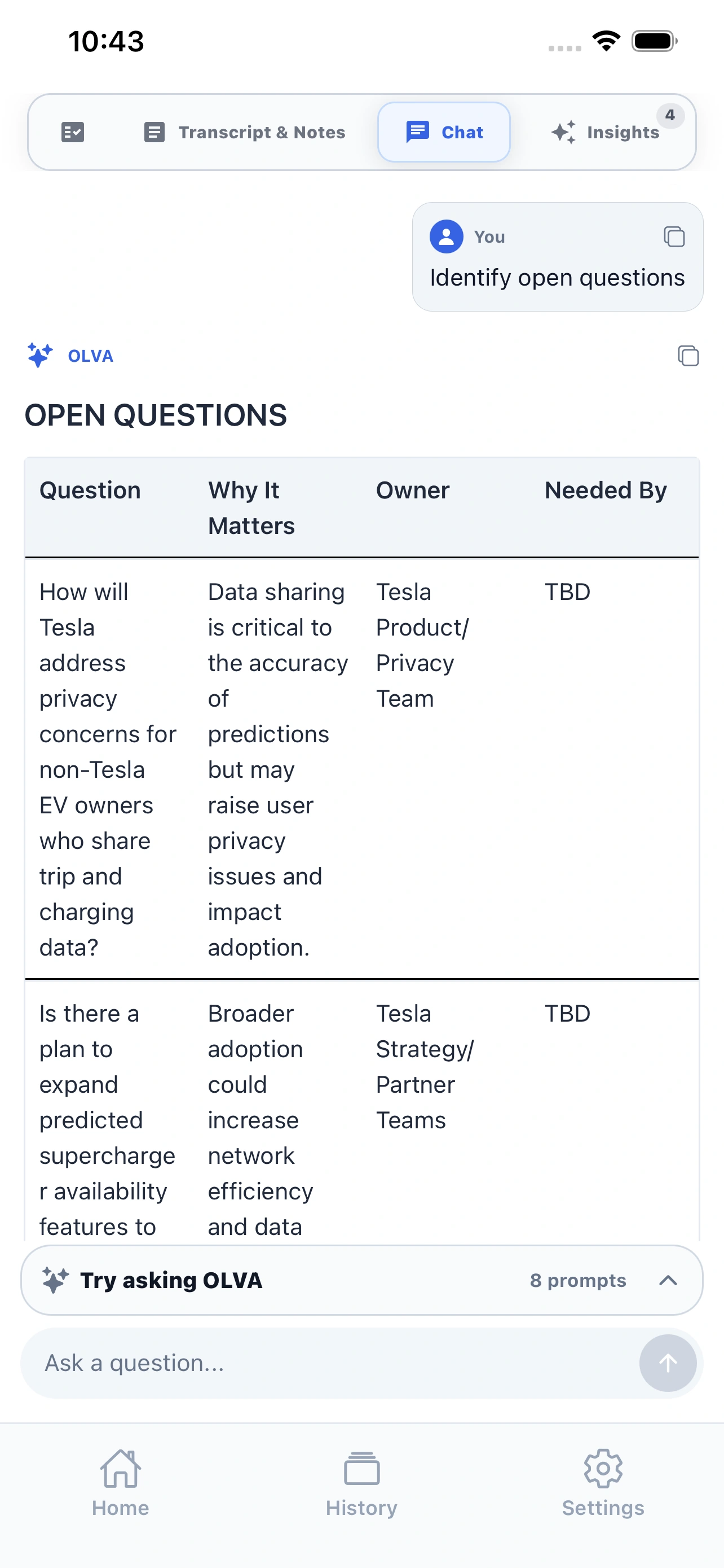 OLVA mobile chat screen with open questions answer