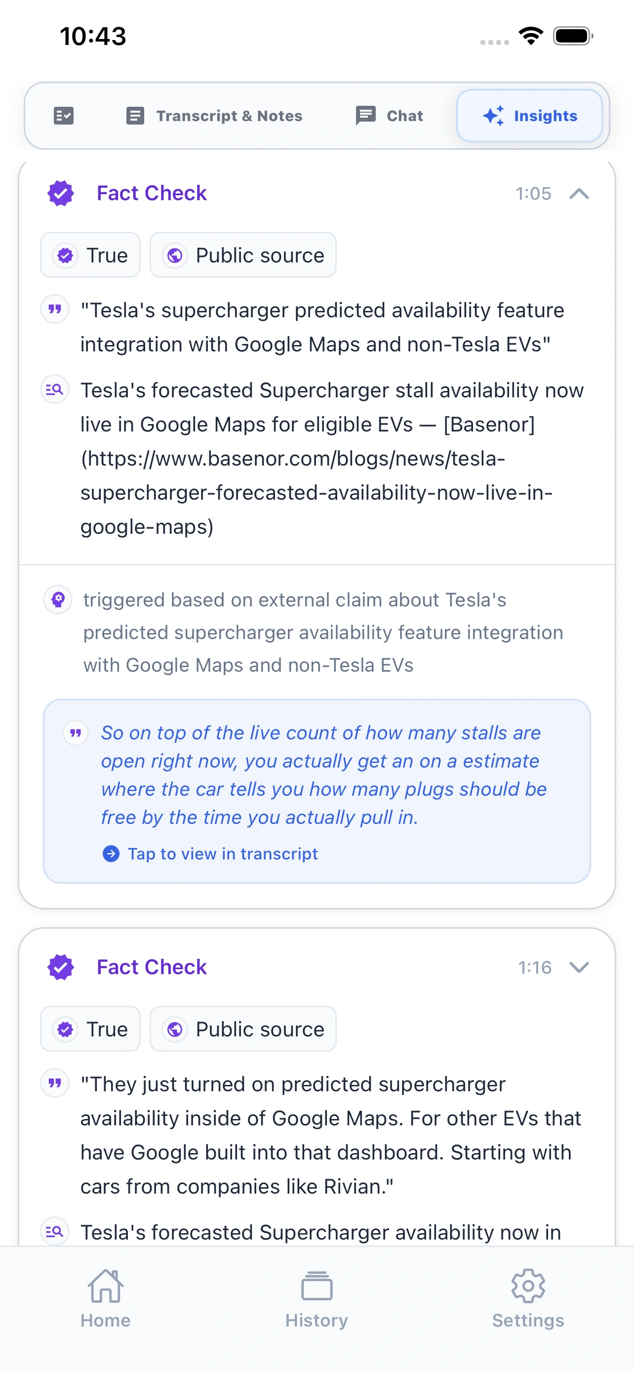 OLVA mobile insights screen with fact check cards