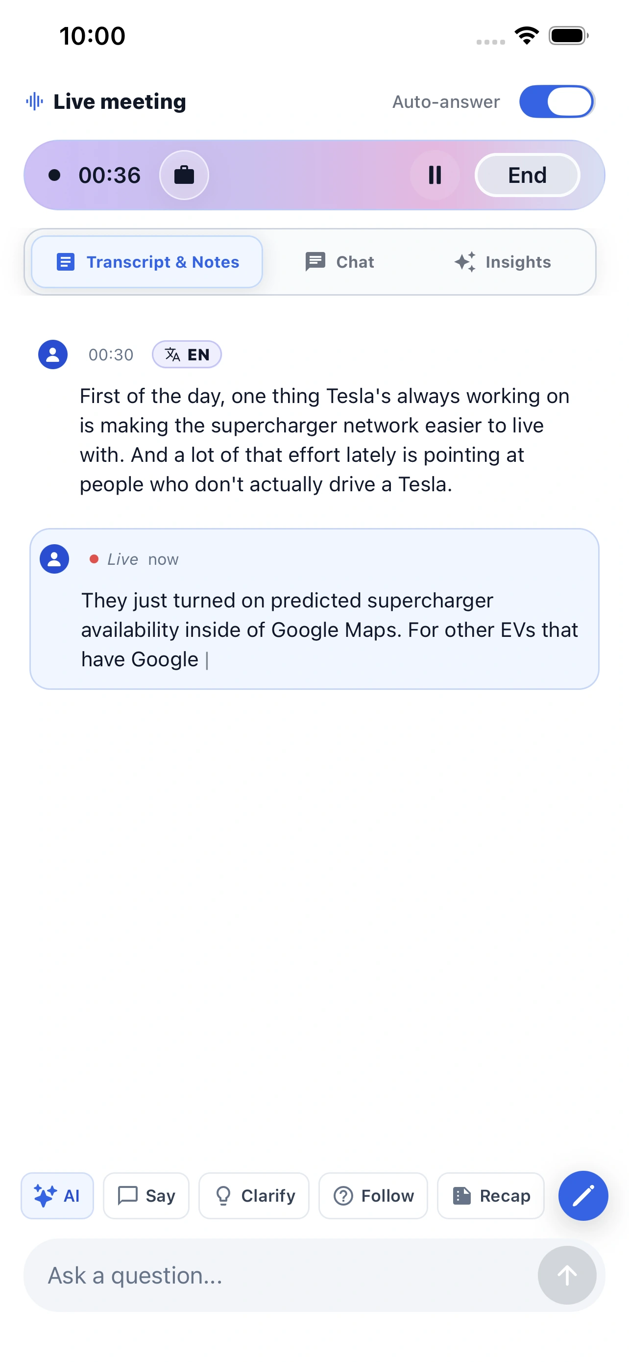 OLVA mobile live meeting screen with transcript and quick actions