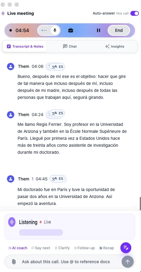 OLVA live transcript showing Spanish language badges